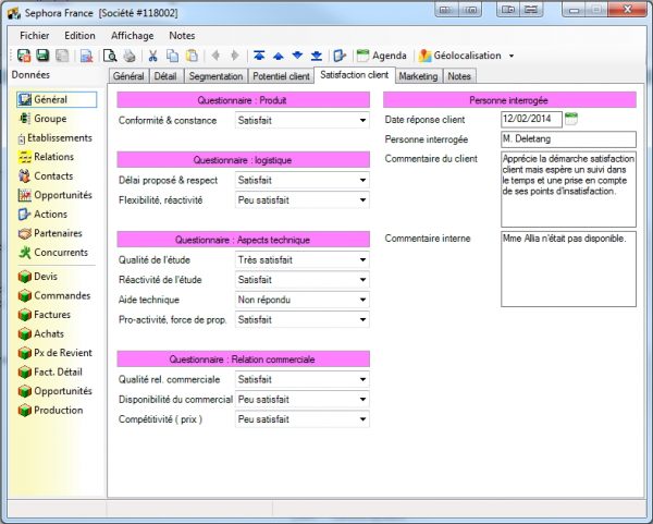 ReflexClient CRM - Fiche société - Un exemple d'onglet personnalisable : le niveau de satisfaction client