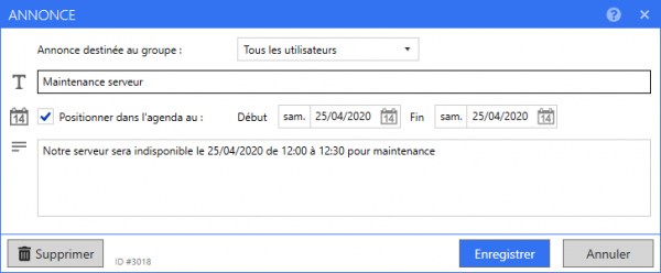 ReflexClient CRM - Exemple d'annonce avertissant tous les utilisateurs d'un événement de maintenance