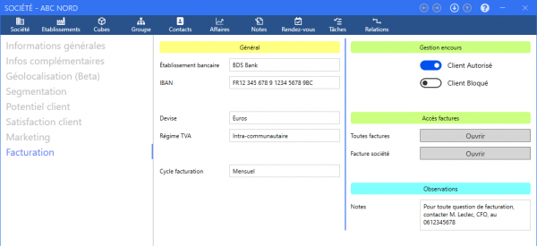 ReflexClient CRM - Fiche société - Un exemple d'onglet personnalisable : les informations de facturation