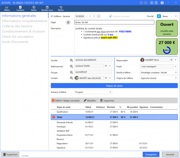 ReflexClient CRM - Fiche affaire - Un exemple d'affaire ouverte pour un montant de 27 000 euros