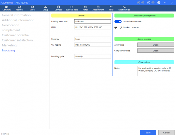 ReflexClient CRM - Company record - Example of customizable tab: invoicing information