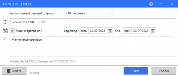 ReflexClient CRM - Example of announcement warning all users of an upcoming maintenance operation