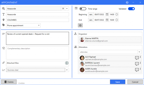 ReflexClient CRM - Example of appointment with 3 attendees