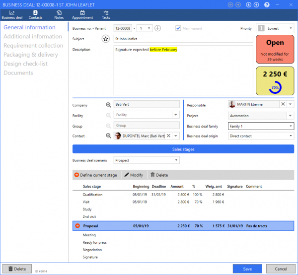 ReflexClient CRM - Business deal record - Example of open business deal with an amount of 2 250 euros